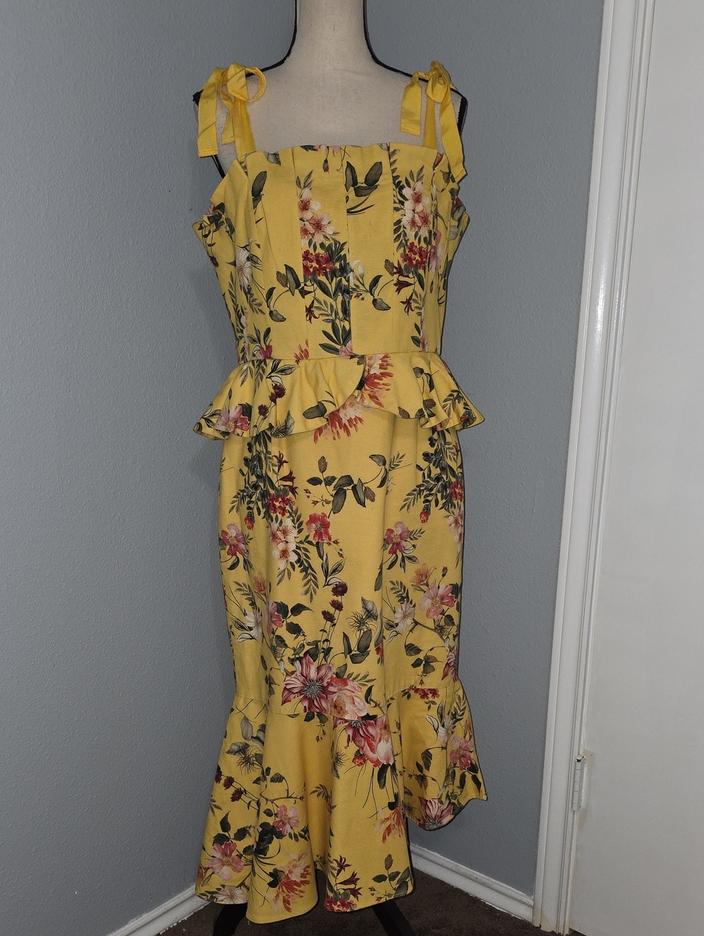 ANTONIO MELANI Yellow Floral Tie-Strap Peplum Midi Dress
